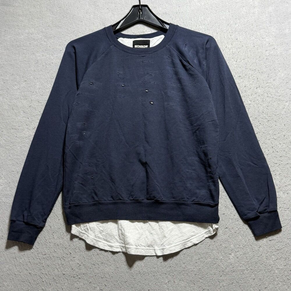 Monrow Women Pullover Sweatshirt XS Navy Blue Distressed Crew Neck Long Sleeve